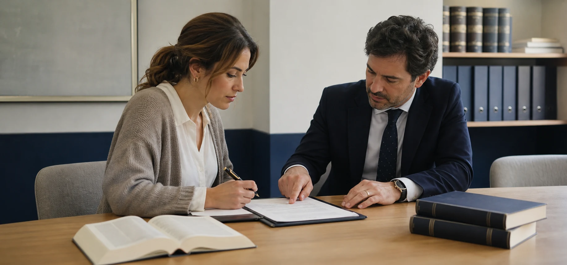 Abogado y autónoma revisando un contrato comercial en el despacho