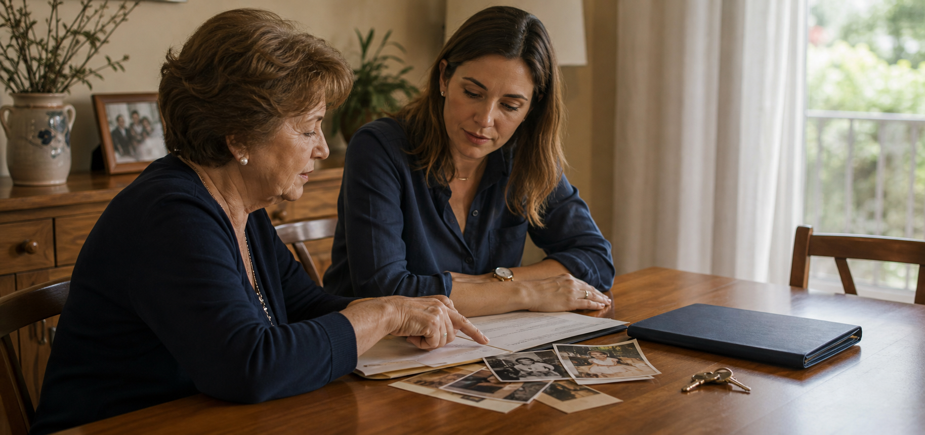 Madre e hija revisando documentos y fotografías familiares