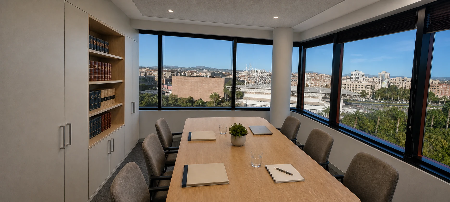 Sala de reuniones luminosa con vistas urbanas